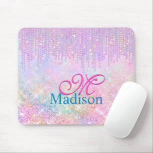 Cute Pink Unicorn Glitter rhinestone Drip monogram Mouse Pad