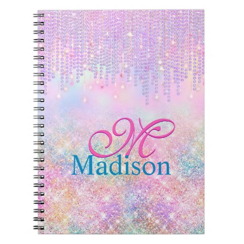 Cute Pink Unicorn Glitter rhinestone Drip monogram Notebook