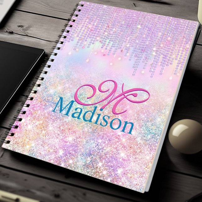 Cute Pink Unicorn Glitter rhinestone Drip monogram Notebook (Creator Uploaded)