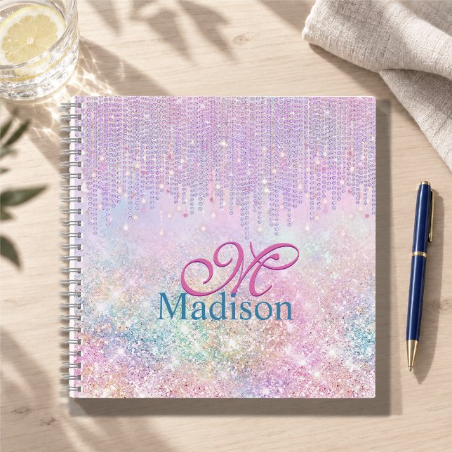 Cute Pink Unicorn Glitter rhinestone Drip monogram Notebook (Creator Uploaded)
