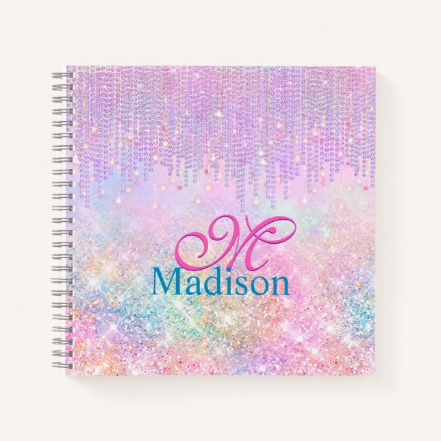 Cute Pink Unicorn Glitter rhinestone Drip monogram Notebook (Front)