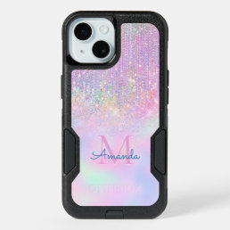 Cute Pink Unicorn Glitter rhinestone Drip monogram iPhone 15 Case