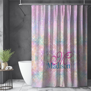 Cute Pink Unicorn Glitter rhinestone Drip monogram Shower Curtain
