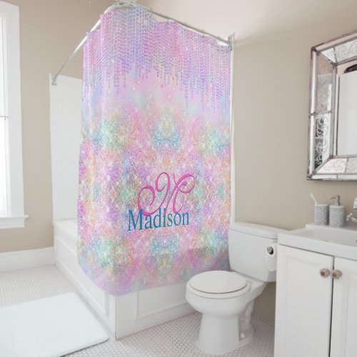 Cute Pink Unicorn Glitter rhinestone Drip monogram Shower Curtain