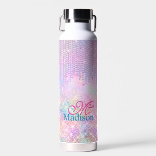 Cute Pink Unicorn Glitter rhinestone Drip monogram Water Bottle