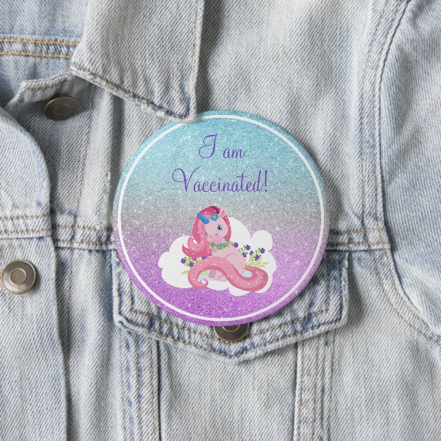 Cute Pink Unicorn I Am Vaccinated Button (In Situ)