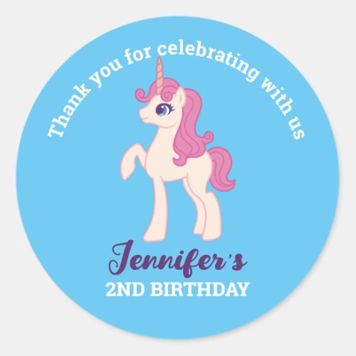 Cute Pink Unicorn Kids Birthday Party Favor Classic Round Sticker