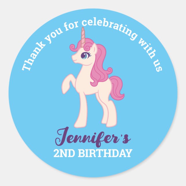 Cute Pink Unicorn Kids Birthday Party Favor Classic Round Sticker (Front)
