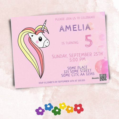 Cute Pink Unicorn Kids Birthday Party Invitation Postcard