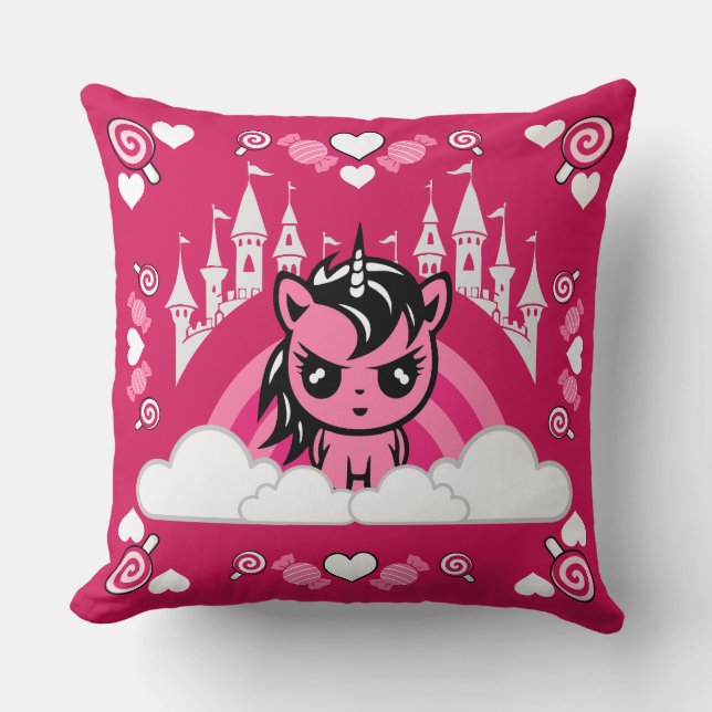 Cute Pink Unicorn Land And Castle  Throw Pillow (Front)