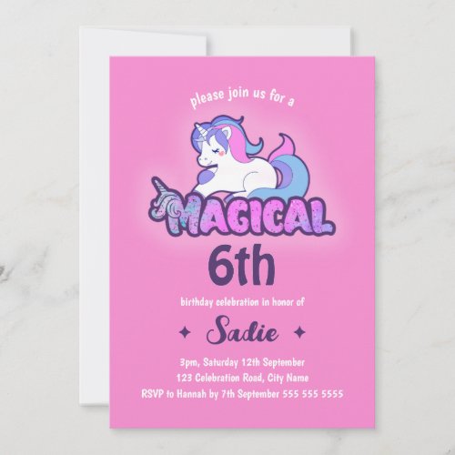 Cute Pink Unicorn Magical Any Age 6th Birthday Invitation