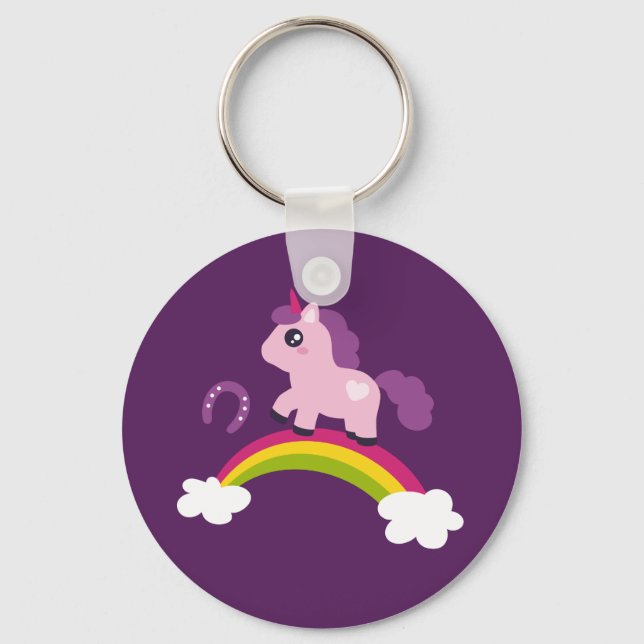 Cute Pink Unicorn on a Rainbow Keychain (Front)