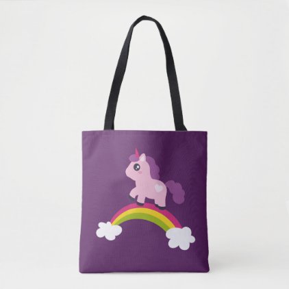Cute Pink Unicorn on a Rainbow Tote Bag