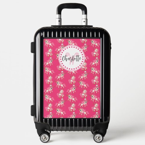 Cute Pink Unicorn Pattern Girls Monogram  Name Luggage