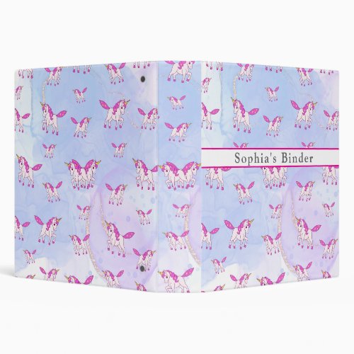Cute pink unicorn pattern personalized name 3 ring binder