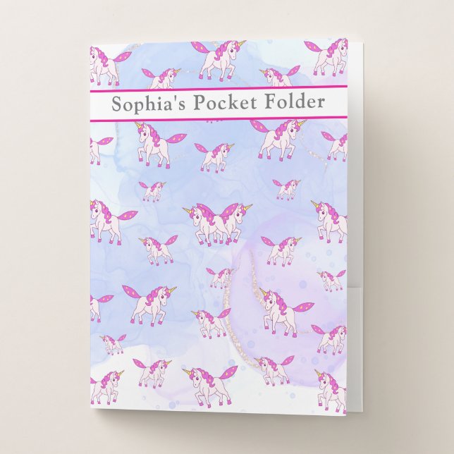 Cute pink unicorn pattern personalized name pocket folder (Front)