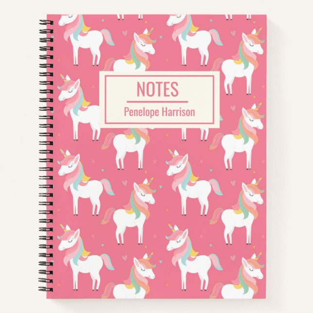 Cute Pink Unicorn Pattern Personalized Notes Notebook (Front)