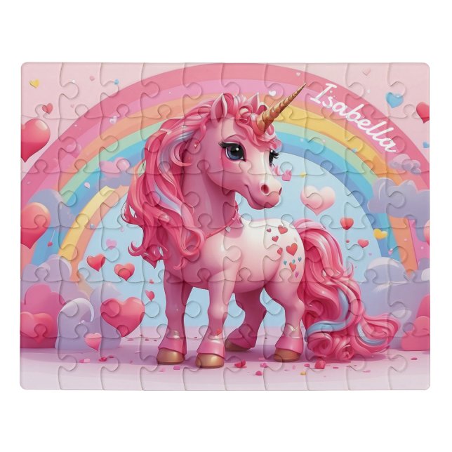Cute Pink Unicorn Personalized Kids Jigsaw Puzzle (Puzzle Horizontal)