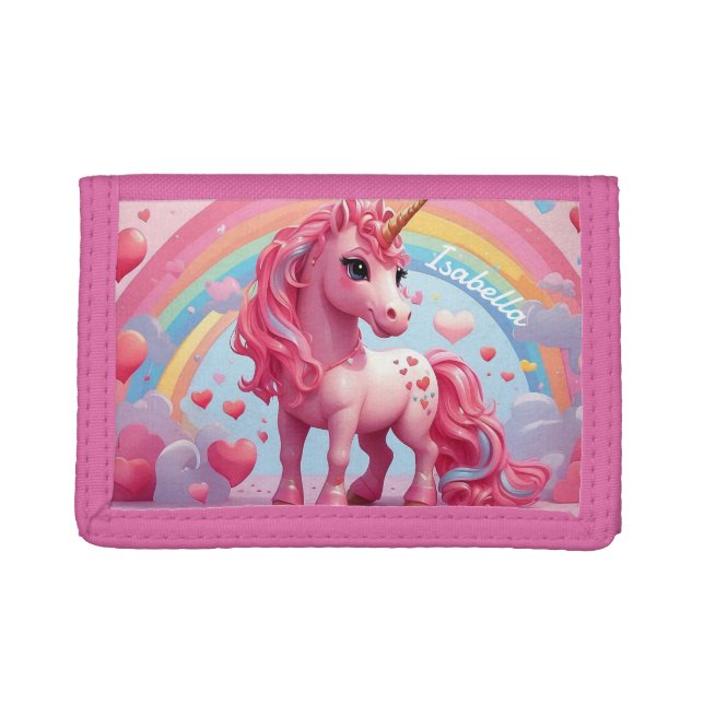 Cute Pink Unicorn Personalized Kids Trifold Wallet (Front)