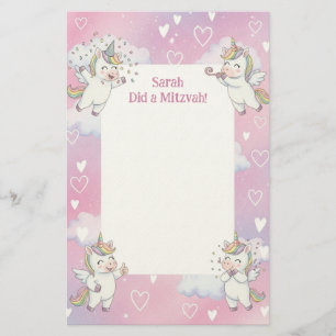 Cute Pink Unicorn Personalized Mitzvah Note Stationery