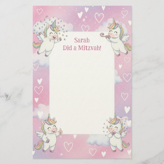 Cute Pink Unicorn Personalized Mitzvah Note Stationery (Front)