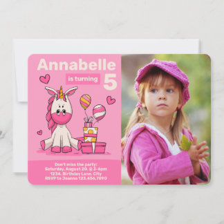Cute Pink Unicorn Photo Birthday Party Invitation