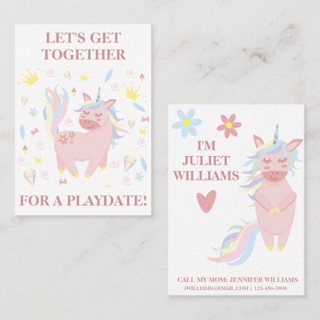Cute Pink Unicorn Playdate Mommy Calling Card (Front/Back)