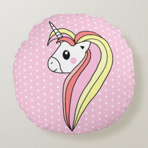 Cute Pink Unicorn Polka Dot Pattern Girly Round Pillow