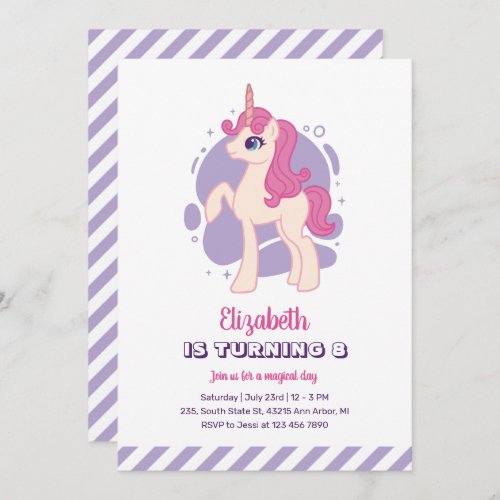 Cute Pink Unicorn Purple Girl Birthday Invitation