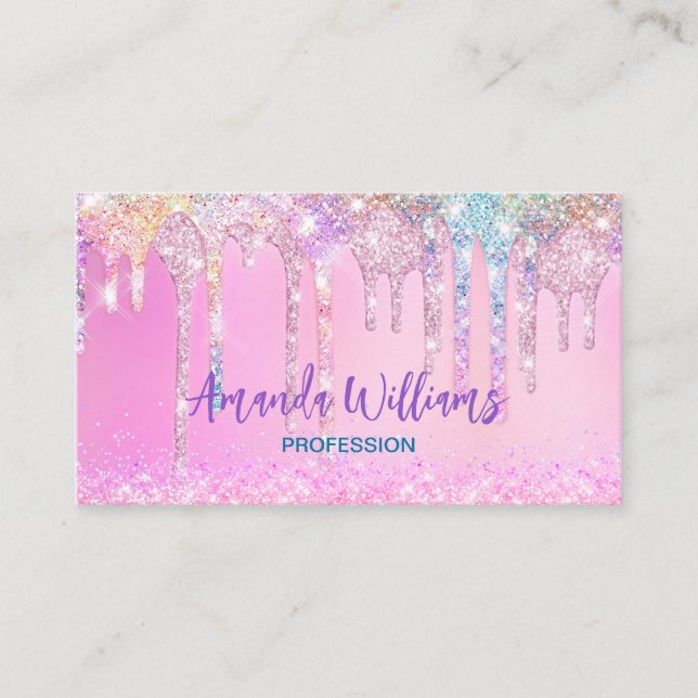 Cute Pink Unicorn Rainbow Glitter Drips Appointment Card (Front)