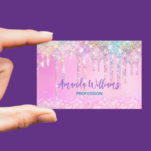 Cute Pink Unicorn Rainbow Glitter Drips Business Card