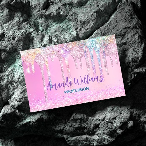 Cute Pink Unicorn Rainbow Glitter Drips Business Card Magnet