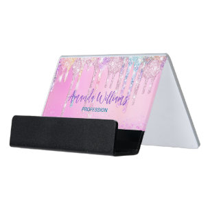 Cute Pink Unicorn Rainbow Glitter Drips Desk Business Card Holder