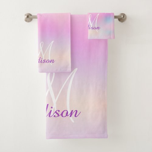 Cute Pink Unicorn Rainbow Glitter Drips monogram Bath Towel Set