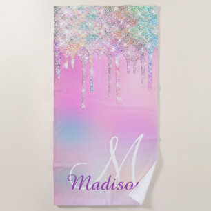 Cute Pink Unicorn Rainbow Glitter Drips monogram Beach Towel