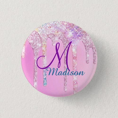 Cute Pink Unicorn Rainbow Glitter Drips monogram Button