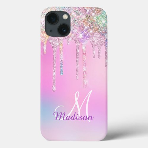 Cute Pink Unicorn Rainbow Glitter Drips monogram  iPhone 13 Case