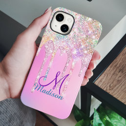 Cute Pink Unicorn Rainbow Glitter Drips monogram  Case-Mate iPhone 14 Case