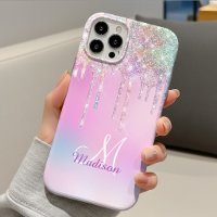 Cute Pink Unicorn Rainbow Glitter Drips monogram