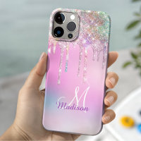 Cute Pink Unicorn Rainbow Glitter Drips monogram