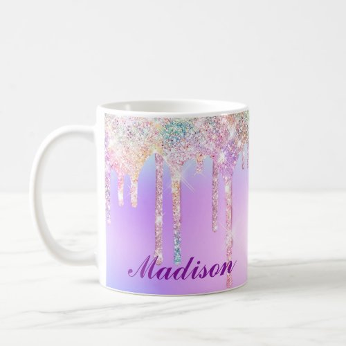 Cute Pink Unicorn Rainbow Glitter Drips monogram Coffee Mug