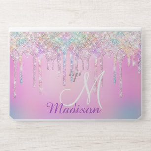 Cute Pink Unicorn Rainbow Glitter Drips monogram HP Laptop Skin