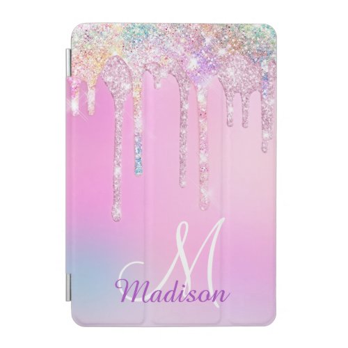 Cute Pink Unicorn Rainbow Glitter Drips monogram i iPad Mini Cover
