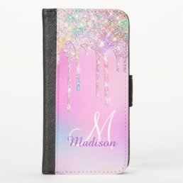 Cute Pink Unicorn Rainbow Glitter Drips monogram iPhone X Wallet Case