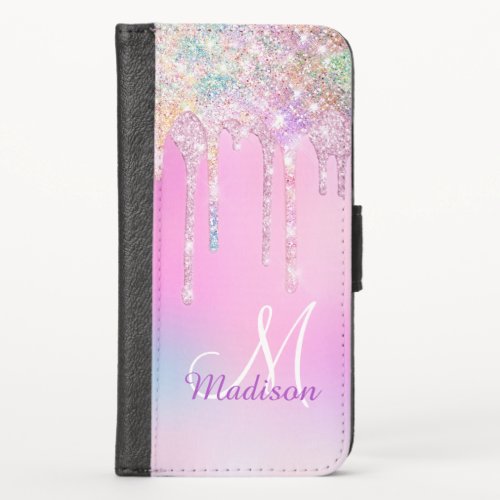 Cute Pink Unicorn Rainbow Glitter Drips monogram iPhone X Wallet Case