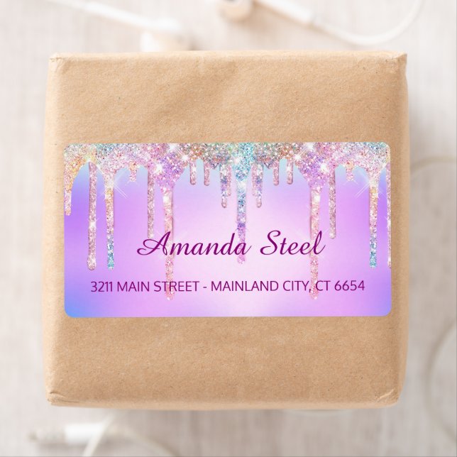 Cute Pink Unicorn Rainbow Glitter Drips monogram  Label (Insitu)