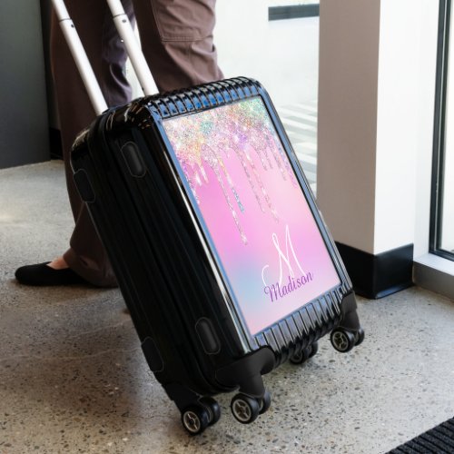 Cute Pink Unicorn Rainbow Glitter Drips monogram Luggage