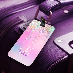 Cute Pink Unicorn Rainbow Glitter Drips monogram Luggage Tag