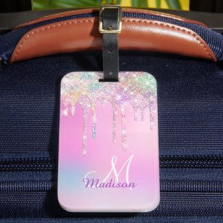 Cute Pink Unicorn Rainbow Glitter Drips monogram