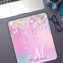 Cute Pink Unicorn Rainbow Glitter Drips monogram Mouse Pad